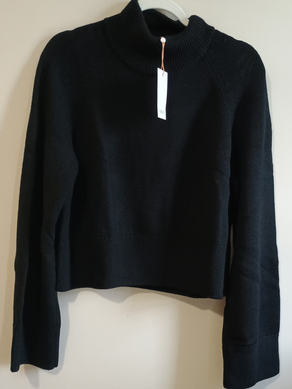 Quince Merino Wool Cropped Mock Neck Wide Sleeve Sweater Black M NWT